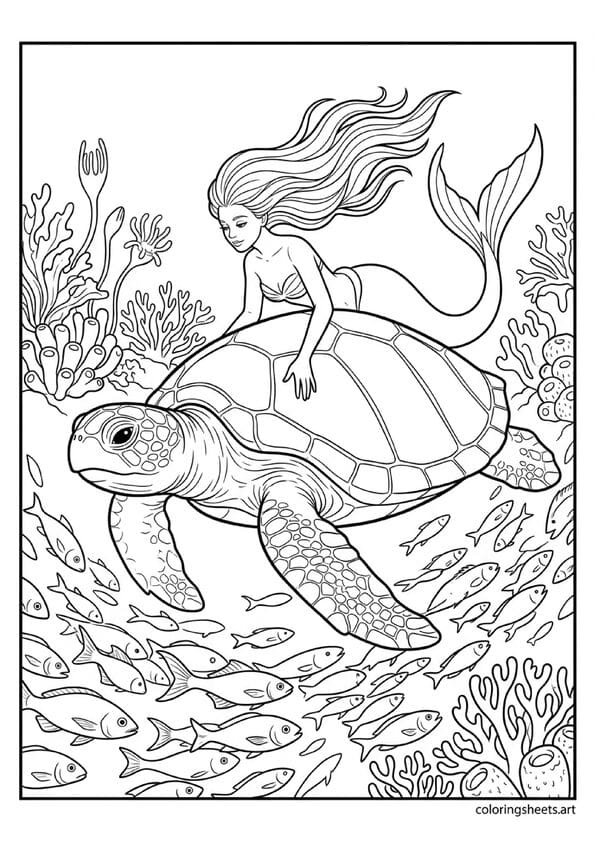 Graceful mermaid riding massive ancient sea turtle through deep ocean with school of fish parting and bioluminescent coral glowing around them coloring page — free printable PDF