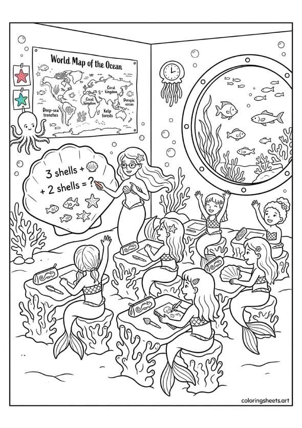 Whimsical underwater mermaid school classroom with coral desks seashell chalkboard ocean math teacher mermaid students raising hands coloring page — free printable PDF