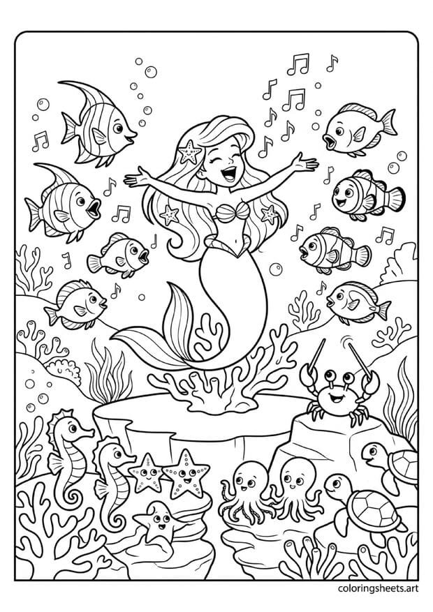 Beautiful mermaid singing with fish choir crab conducting musical notes floating sea creature audience in coral seats underwater concert coloring page — free printable PDF