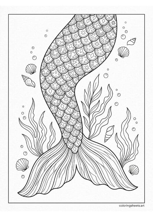 Detailed close up mermaid tail with intricate overlapping scale patterns geometric shapes in scales spread fin with vein patterns coloring page — free printable PDF