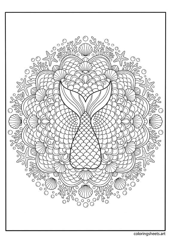 Creative circular mermaid tail mandala with scale patterns radiating into concentric rings of waves shells starfish coral and bubbles coloring page — free printable PDF