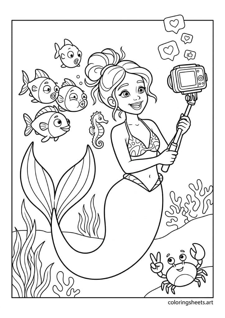Funny modern mermaid taking underwater selfie with fish photobombing seahorse in frame crab giving peace sign and heart bubbles rising coloring page — free printable PDF