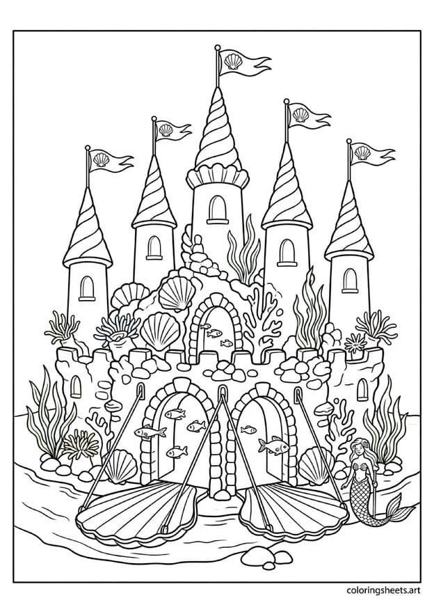 Magnificent underwater mermaid castle built from coral shells with tall spires shell flags clamshell drawbridge fish swimming through doorways coloring page — free printable PDF
