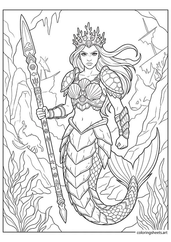 Fierce mermaid warrior princess in clam shell sea turtle armor coral crown holding ocean spear with brave expression dark ocean behind coloring page — free printable PDF