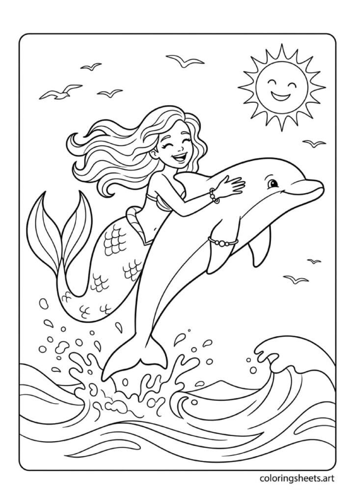 Beautiful mermaid and dolphin leaping together out of ocean waves with arms around each other matching friendship bracelets pure joy coloring page — free printable PDF