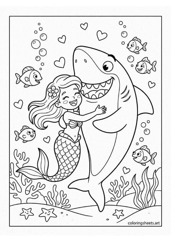 Funny mermaid laughing while hugging large friendly goofy shark surprised pleased expression fish watching with amusement hearts bubbles coloring page — free printable PDF