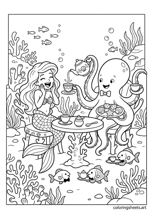 Funny mermaid and friendly octopus underwater tea party octopus holding multiple cups teapot and cookies with fish waiters in bow ties coloring page — free printable PDF