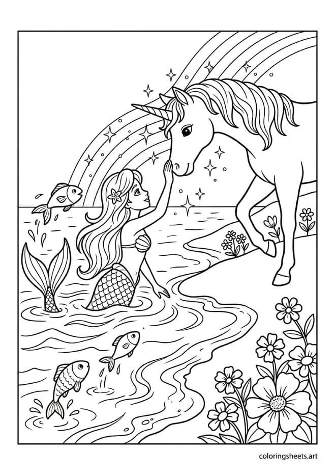 Magical meeting of mermaid reaching from ocean and unicorn bending from beach touching noses with rainbow sparkles flowers and jumping fish coloring page — free printable PDF