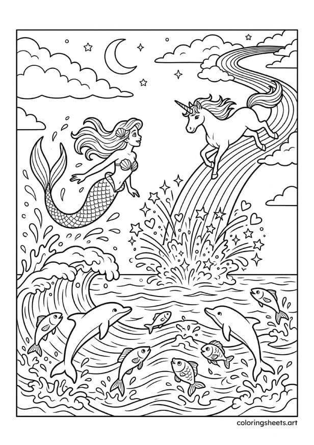 Spectacular mermaid leaping from ocean and unicorn galloping on rainbow bridge meeting in explosion of sparkles with jumping fish celebrating coloring page — free printable PDF