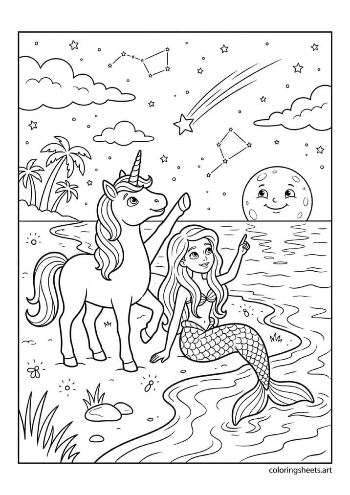 Mermaid and unicorn on moonlit beach stargazing together pointing at shooting star full moon reflecting on ocean fireflies glowing around them coloring page — free printable PDF