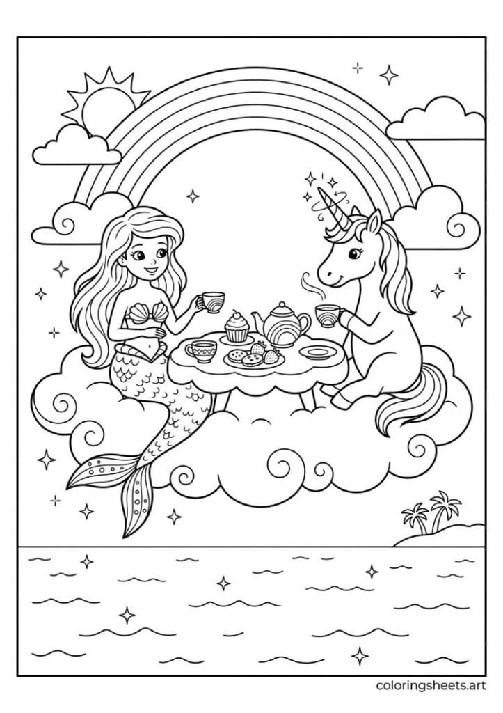 Mermaid and unicorn magical tea party on floating cloud with rainbow teacups sparkling treats rainbow arching above ocean below coloring page — free printable PDF