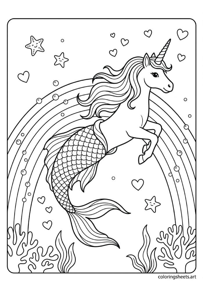 Magical mermicorn half mermaid half unicorn with unicorn horn flowing mane and shimmering tail swimming through underwater rainbow coloring page — free printable PDF