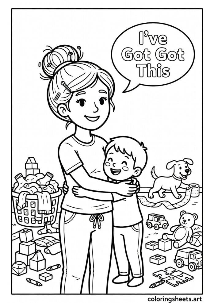 Funny cartoon mom with messy bun staying calm in chaotic house with toys laundry dog and I've Got This speech bubble Mothers Day coloring page — free printable PDF