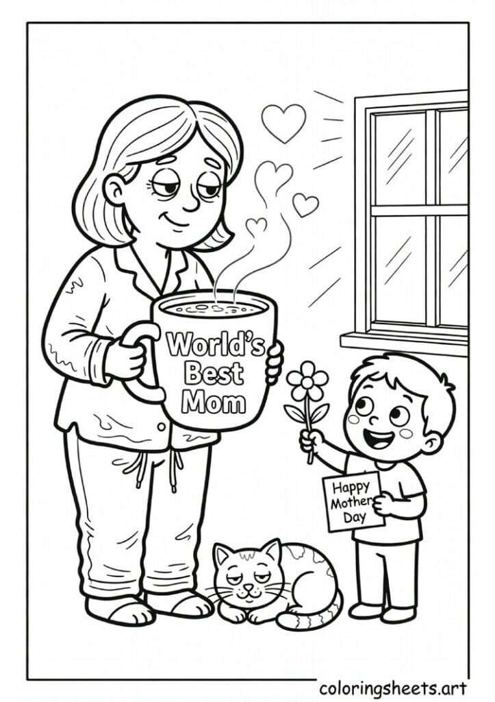 Funny cartoon mom in pajamas holding oversized World's Best Mom coffee mug with child bringing flower and sleepy cat Mothers Day coloring page — free printable PDF