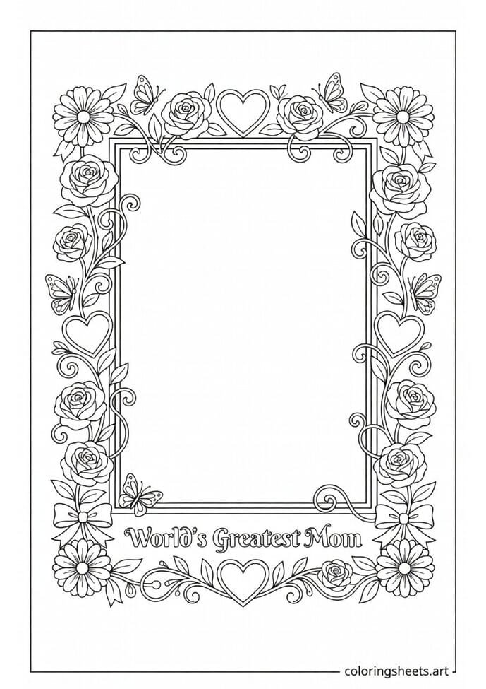 Decorative portrait frame with roses hearts butterflies and World's Greatest Mom text for kids to draw their mom Mothers Day coloring page — free printable PDF