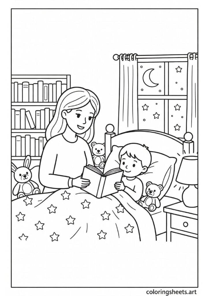 Mom reading bedtime story to child in bed with star blanket bedside lamp and moon through window Mothers Day coloring page — free printable PDF