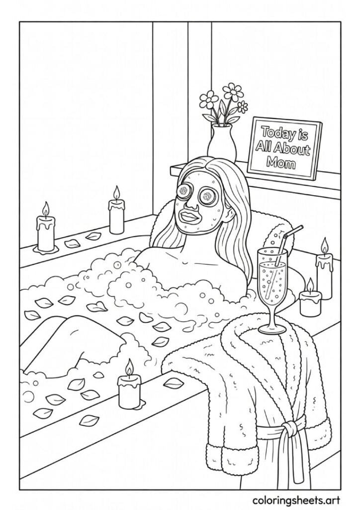 Mom relaxing in bubble bath with candles face mask rose petals and Today is All About Mom sign spa day Mothers Day coloring page — free printable PDF