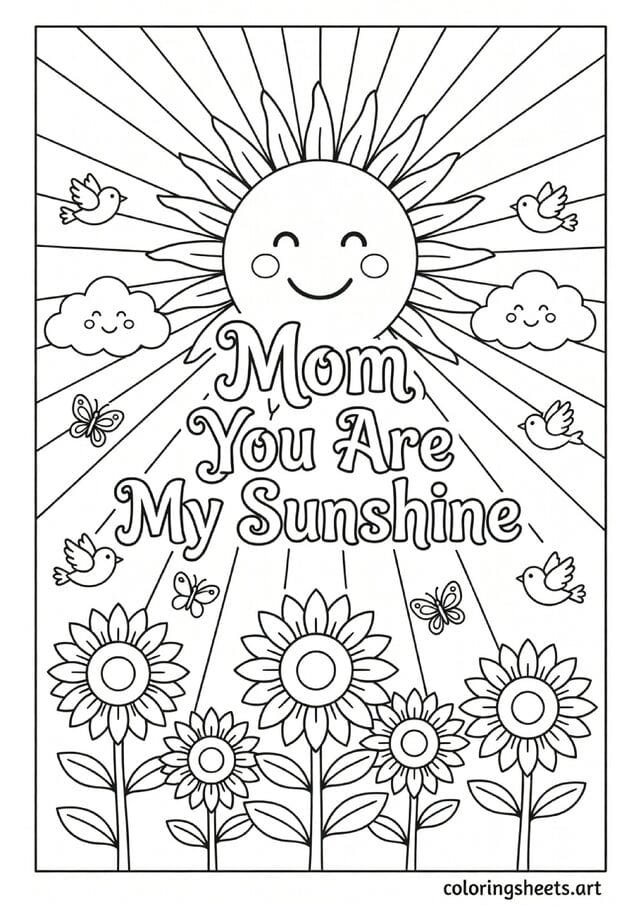 Mom You Are My Sunshine decorative lettering with smiling sun sunflowers and birds Mothers Day coloring page for kids — free printable PDF