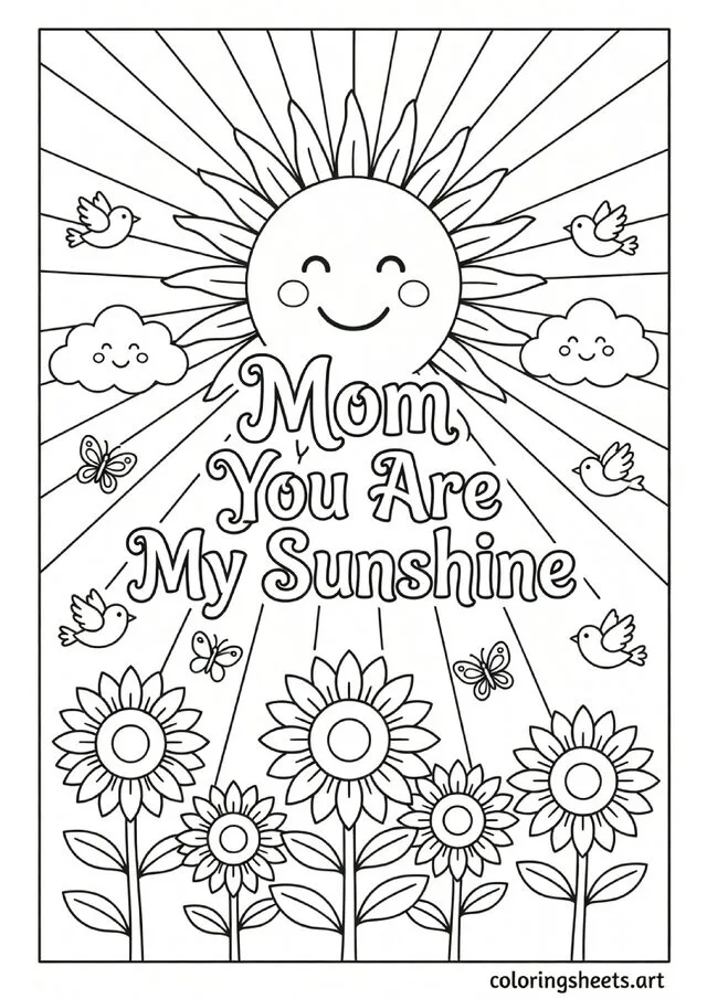 Mom You Are My Sunshine decorative lettering with smiling sun sunflowers and birds Mothers Day coloring page for kids — free printable PDF