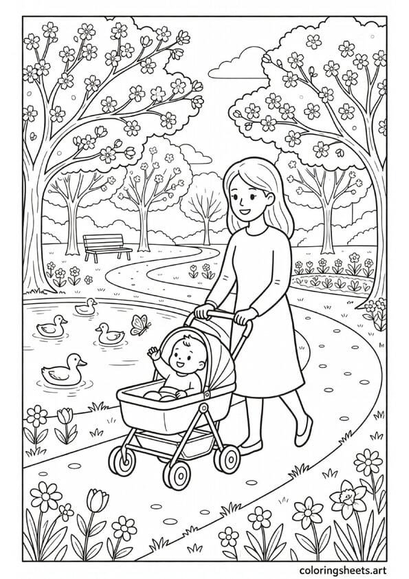 Mom walking baby in stroller through spring park with cherry blossoms duck pond and butterfly Mothers Day coloring page — free printable PDF