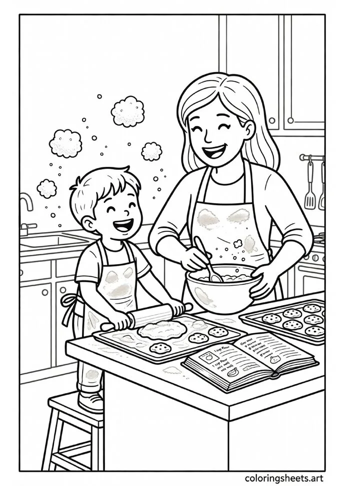 Mom and child baking together in kitchen with floury aprons step stool cookies and mixing bowl Mothers Day coloring page — free printable PDF