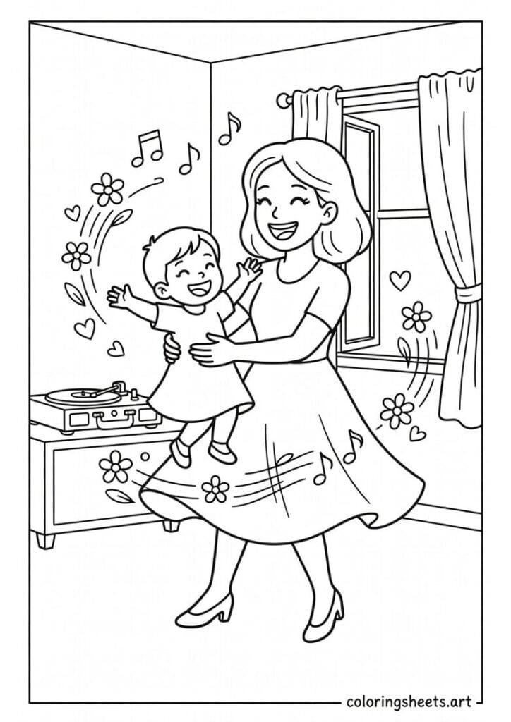 Mom and child dancing together with child on moms feet music notes flowers and hearts Mothers Day coloring page for kids — free printable PDF