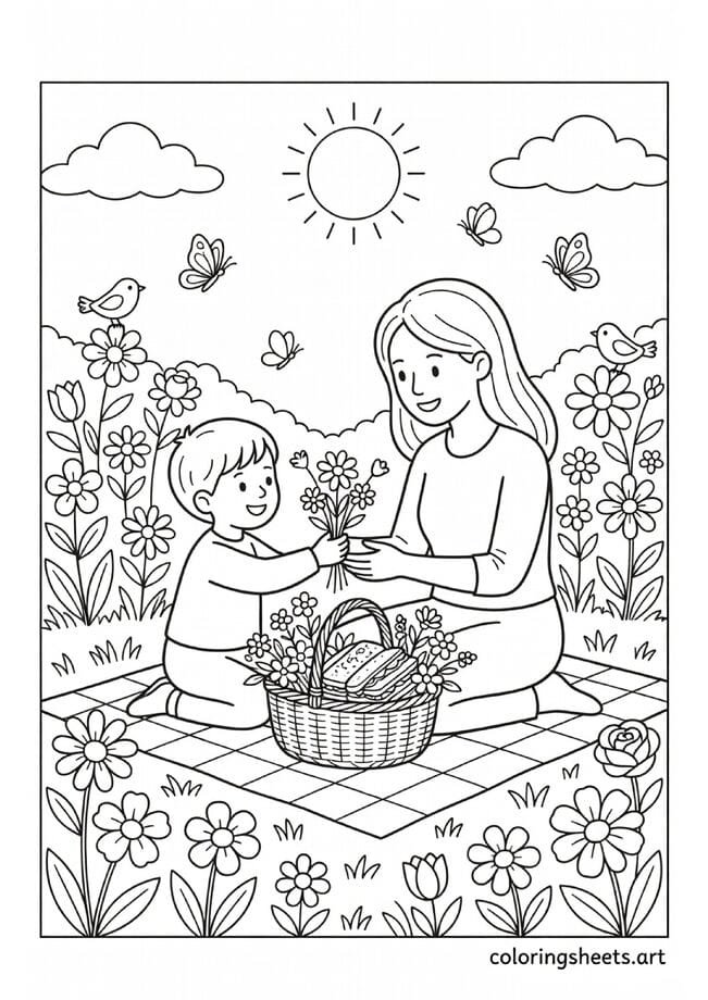 Mom and child on garden picnic blanket with child giving wildflowers butterflies and spring garden Mothers Day coloring page — free printable PDF