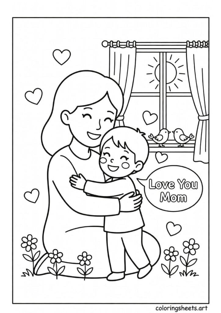 Mom and child sharing a big warm hug with hearts floating and Love You Mom speech bubble Mothers Day coloring page — free printable PDF