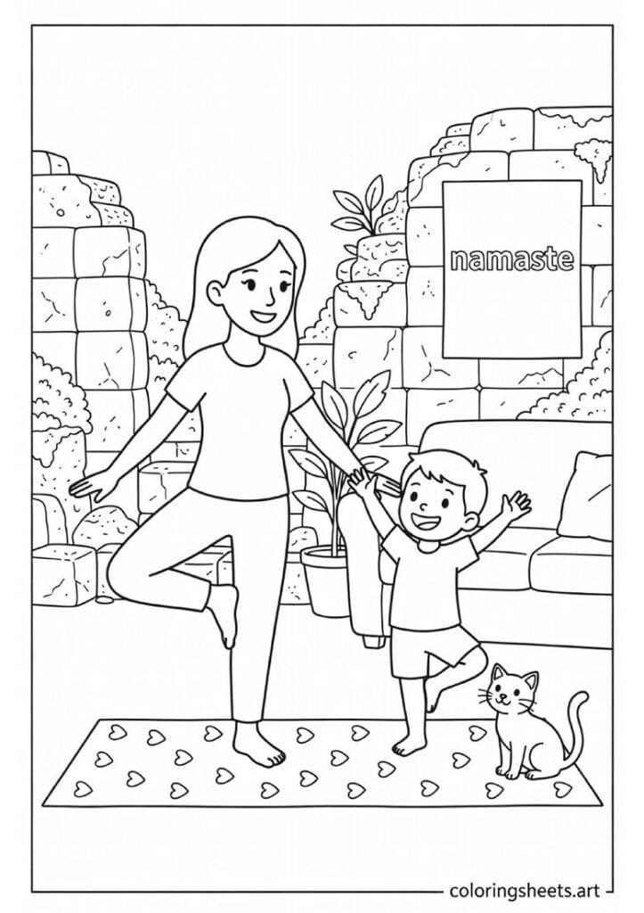 Mom and child doing yoga together with cat on mat and Namaste poster funny Mothers Day coloring page for kids and moms — free printable PDF