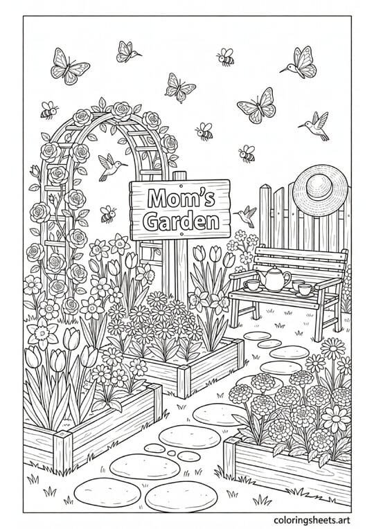 Moms Garden spring scene with roses trellis tea set bench straw hat and butterflies Mothers Day coloring page — free printable PDF