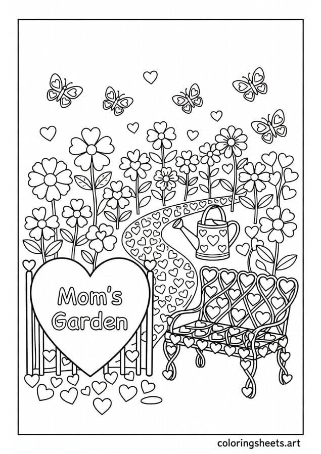 Whimsical garden with heart-shaped flowers heart gate Mom's Garden sign and heart butterflies Mothers Day coloring page for kids and adults — free printable PDF