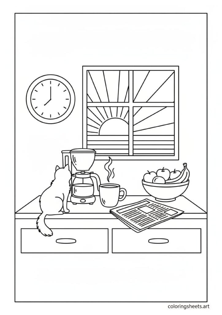 Cozy morning kitchen drip coffee maker brewing full mug newspaper fruit bowl sunrise window seven AM clock cat on counter coloring page — free printable PDF