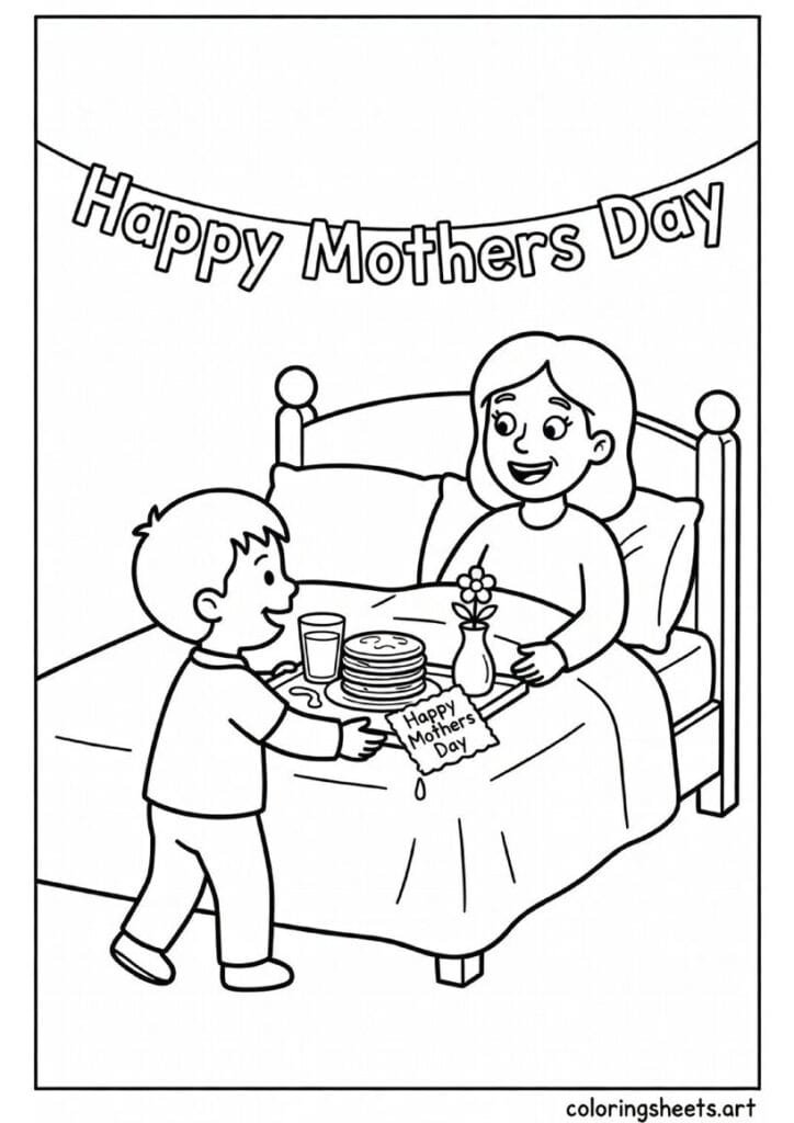 Child carrying breakfast in bed tray with pancakes flower and Happy Mothers Day card to surprised mom Mothers Day coloring page — free printable PDF