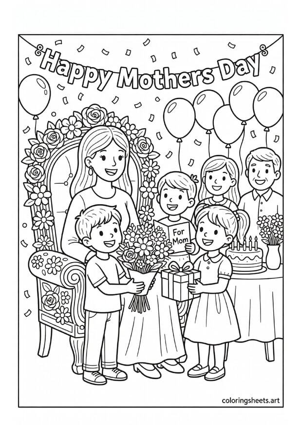 Mom sitting in flower chair as children present flowers gifts and card with Happy Mothers Day banner cake and confetti celebration coloring page — free printable PDF
