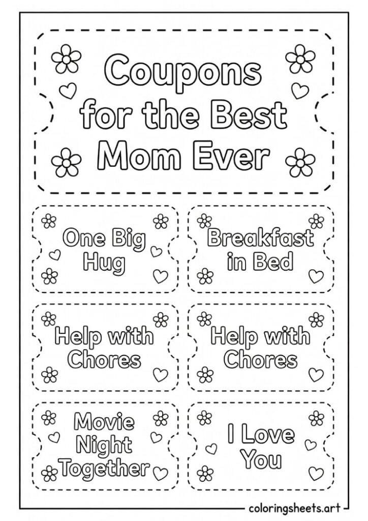 Mothers Day coupon book coloring page with cut out coupons for hugs breakfast in bed chores and movie night for kids — free printable PDF