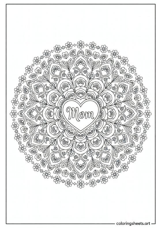 Detailed floral mandala Mothers Day coloring page with rose petals heart patterns and Mom center for older kids and adults — free printable PDF