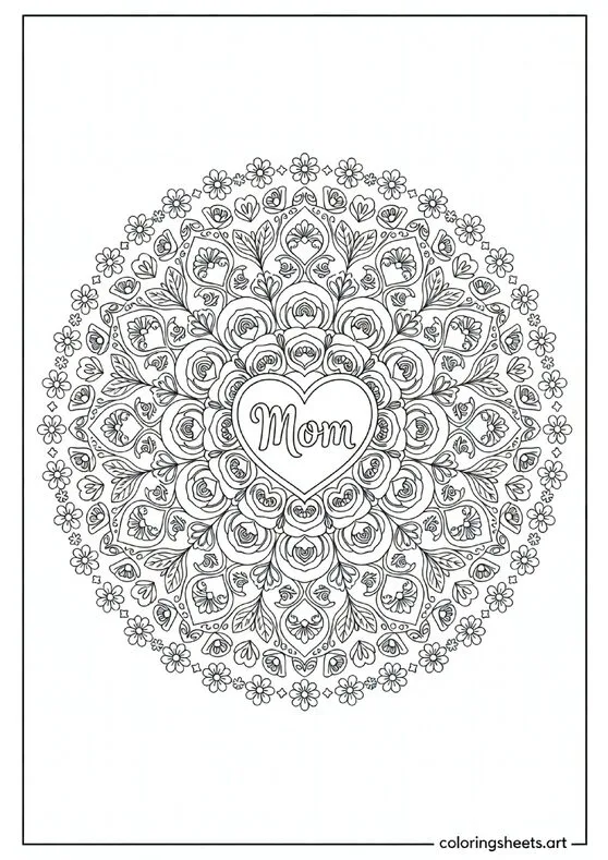 Detailed floral mandala Mothers Day coloring page with rose petals heart patterns and Mom center for older kids and adults — free printable PDF
