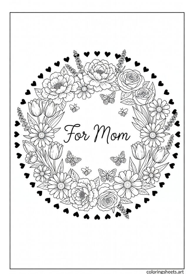 Spring flower wreath with peonies roses tulips and For Mom script center Mothers Day coloring page for kids and adults — free printable PDF