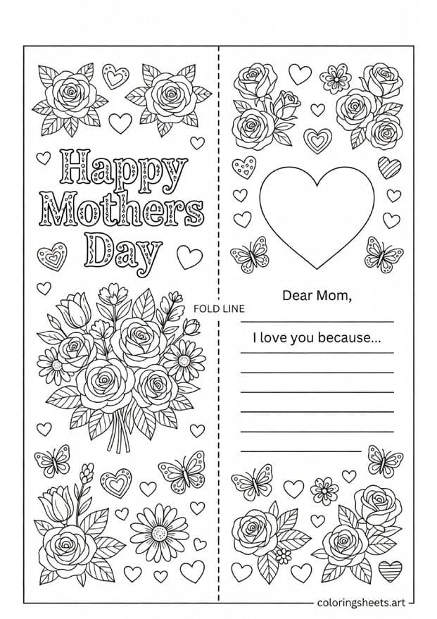 Foldable Mothers Day greeting card coloring page with Happy Mothers Day flowers and personal message space for kids — free printable PDF