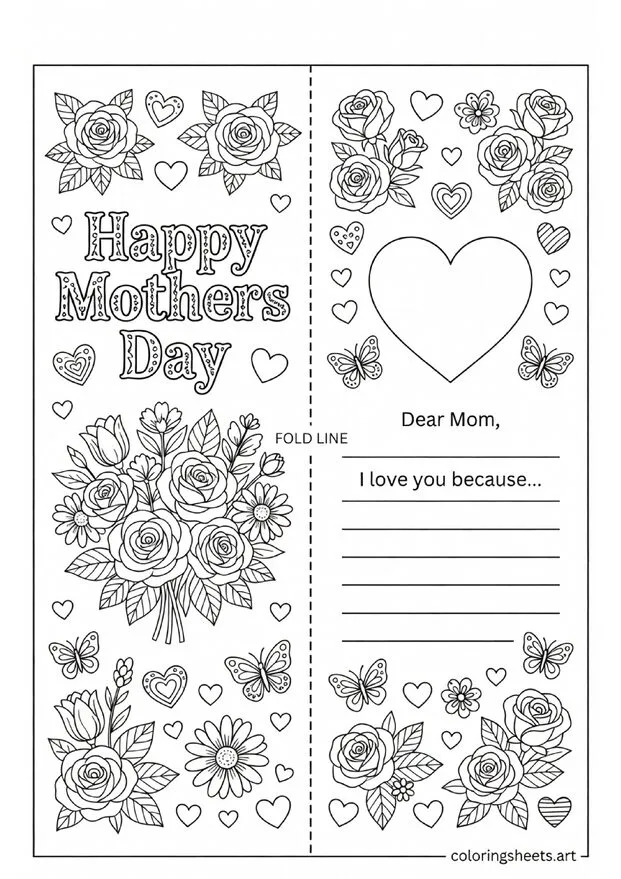 Foldable Mothers Day greeting card coloring page with Happy Mothers Day flowers and personal message space for kids — free printable PDF