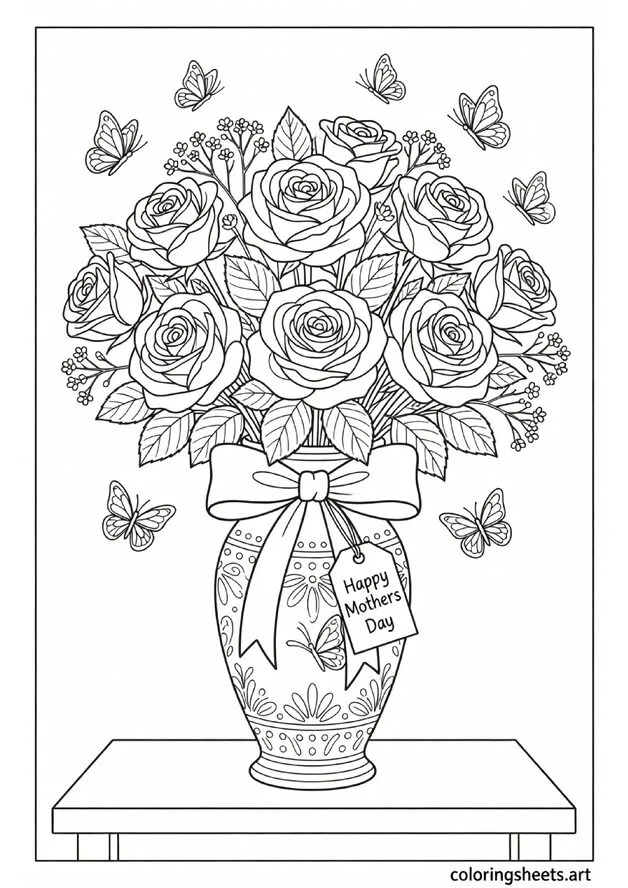 Beautiful Mother's Day rose bouquet in decorated vase with ribbon bow and Happy Mothers Day tag coloring page for kids — free printable PDF