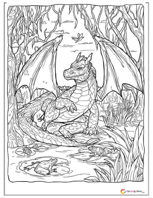 Wings of Fire MudWing dragon coloring page of a broad stocky dragon with bark-like scales resting in a swamp with mangroves, lily pads, and frogs