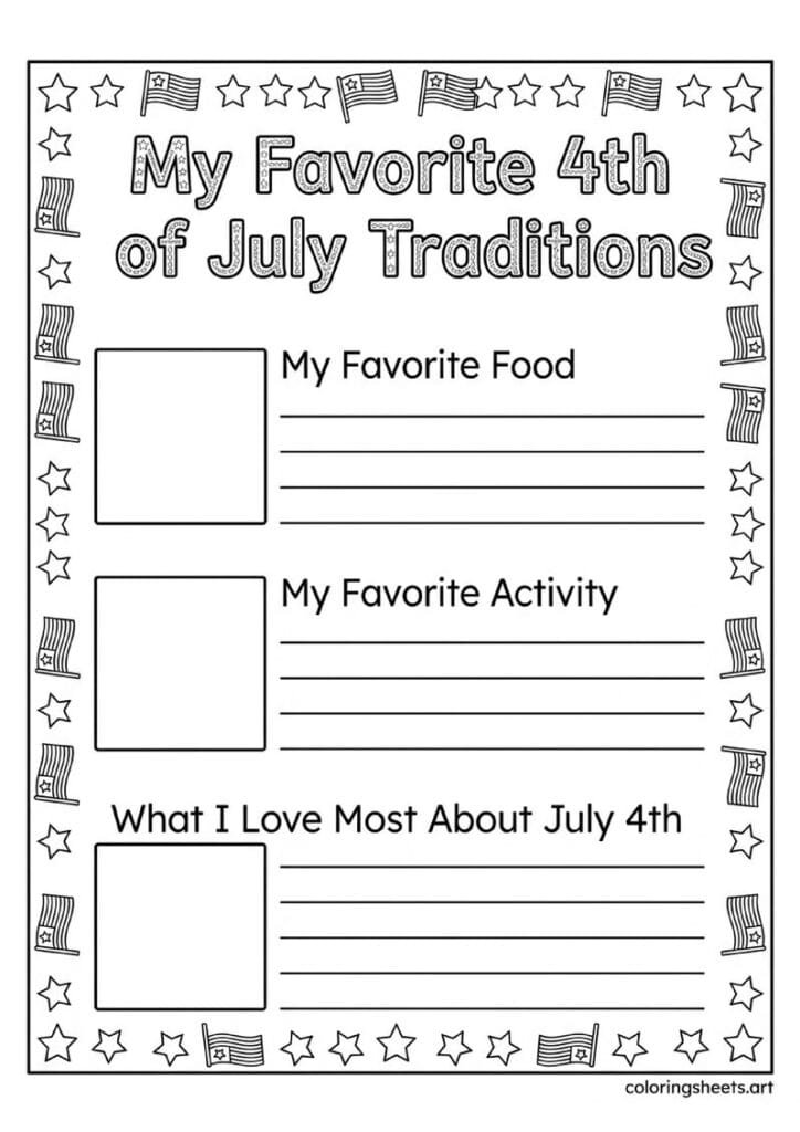 My Favorite 4th of July Traditions writing activity with favorite food activity and July 4th sections patriotic border coloring page — free printable PDF