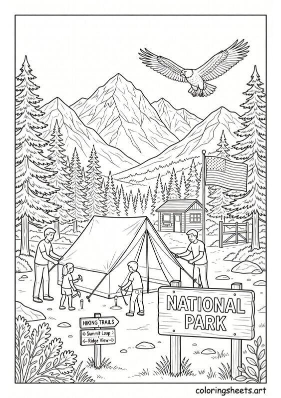 American national park camping with family tent majestic mountains National Park sign bald eagle and American flag summer coloring page — free printable PDF