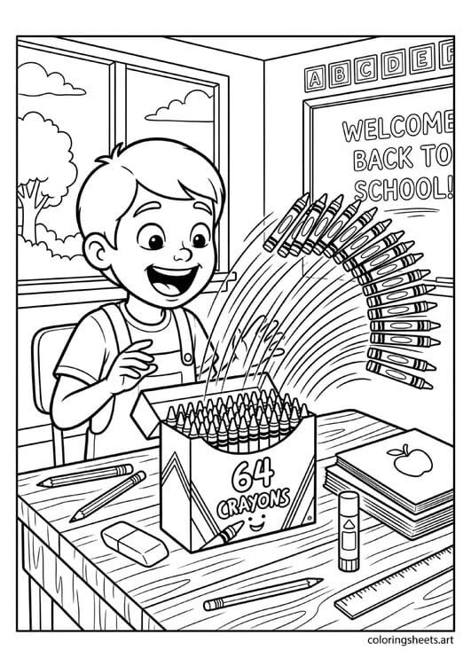 Child amazed opening new 64 crayon box fanning out like rainbow on first day of school back to school coloring page — free printable PDF