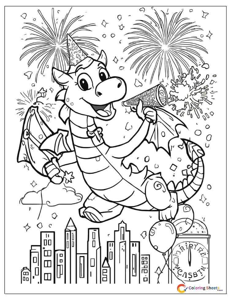 Festive cartoon New Year dragon coloring page in top hat blowing fireworks from its mouth at midnight above a city skyline with confetti , free printable PDF