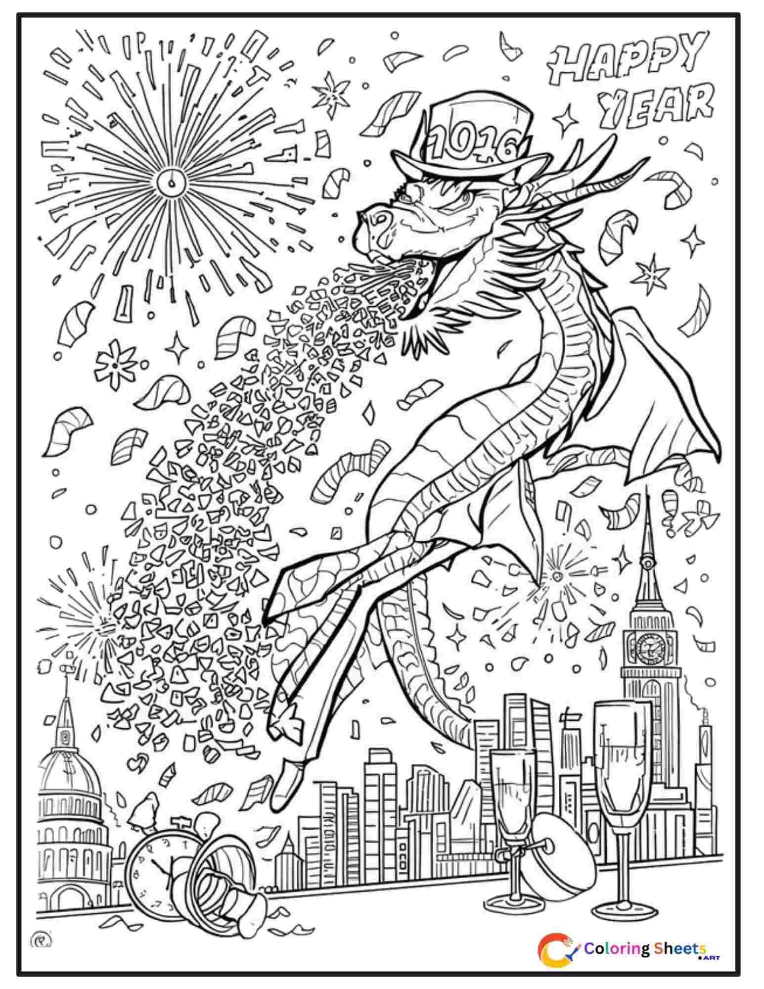 New Year celebration coloring page of a dragon in a top hat blowing fireworks from its mouth at midnight above a city skyline with confetti and stars