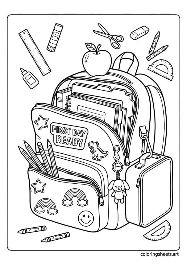 Open backpack packed with school supplies pencils notebooks lunchbox apple and First Day Ready label back to school coloring page — free printable PDF