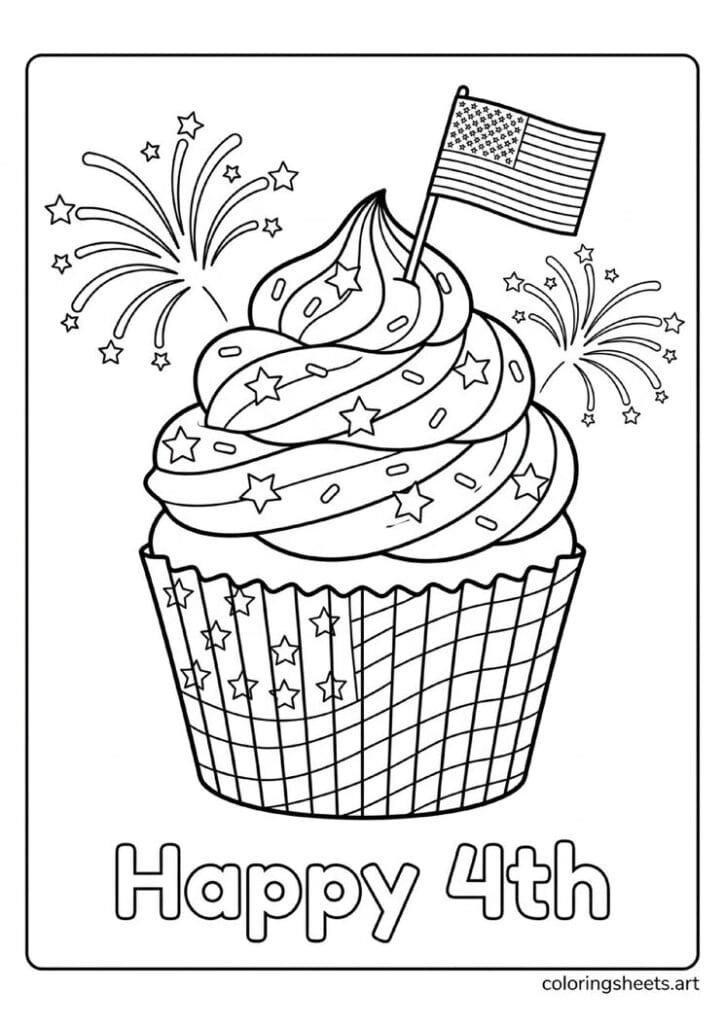 Large patriotic 4th of July cupcake with star frosting American flag toothpick stars stripes wrapper and fireworks on each side coloring page — free printable PDF