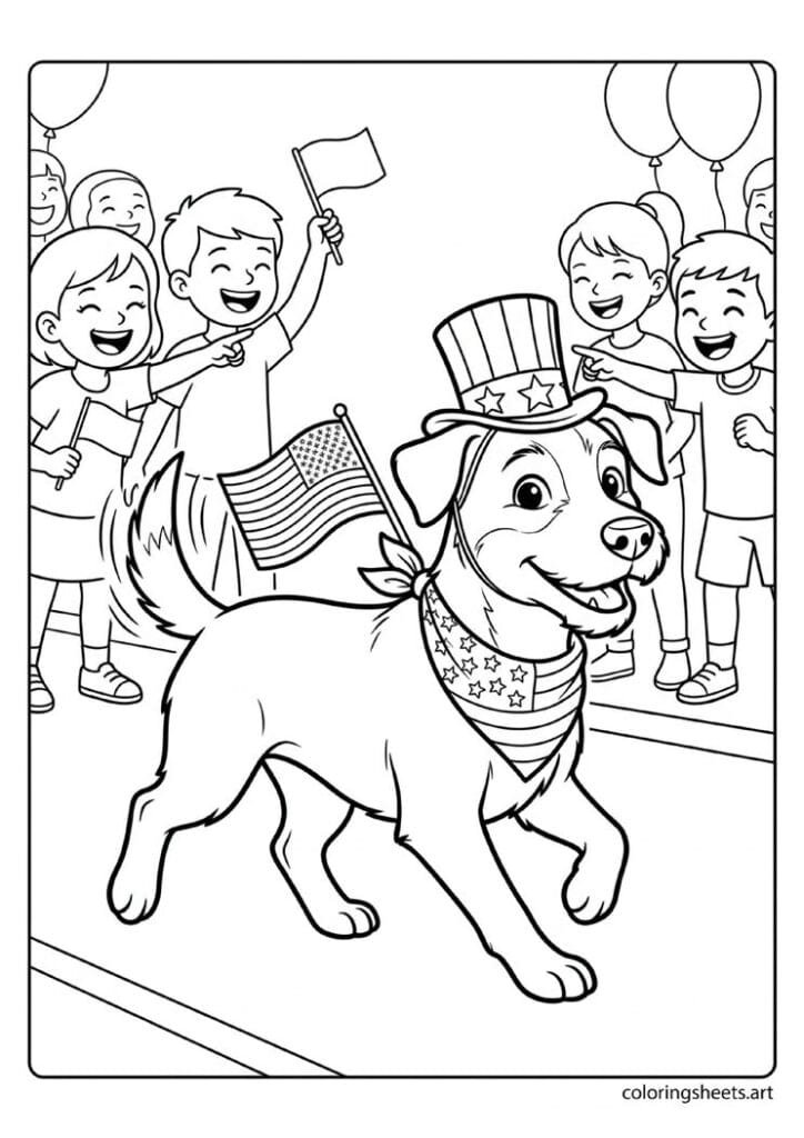 Adorable dog in Uncle Sam hat and stars stripes bandana trotting in 4th of July parade with kids laughing and pointing coloring page — free printable PDF